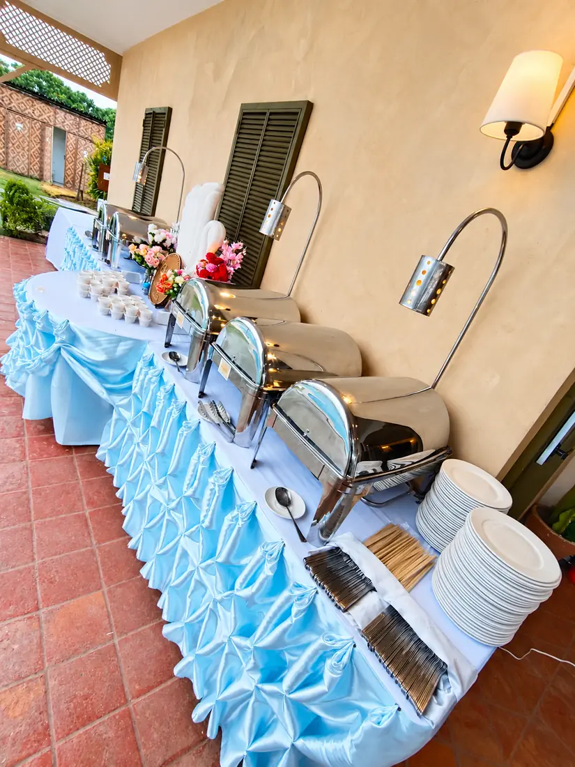 Chef R's Kitchen baby blue catering buffet setup