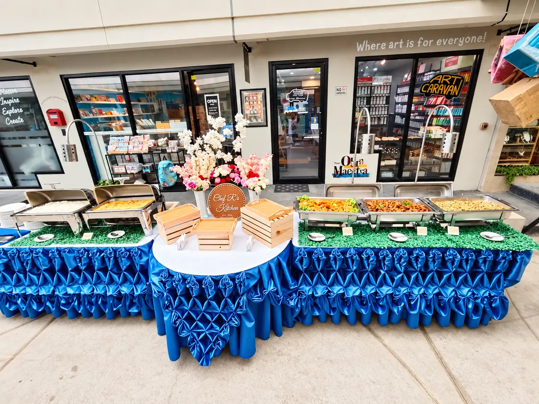 Chef R's Kitchen blue outdoor catering buffet setup