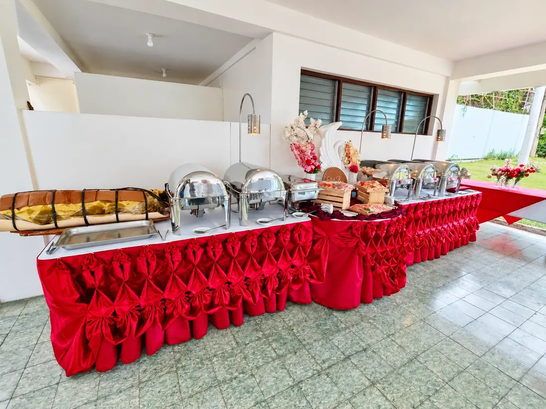 Chef R's Kitchen red and emerald catering buffet setup