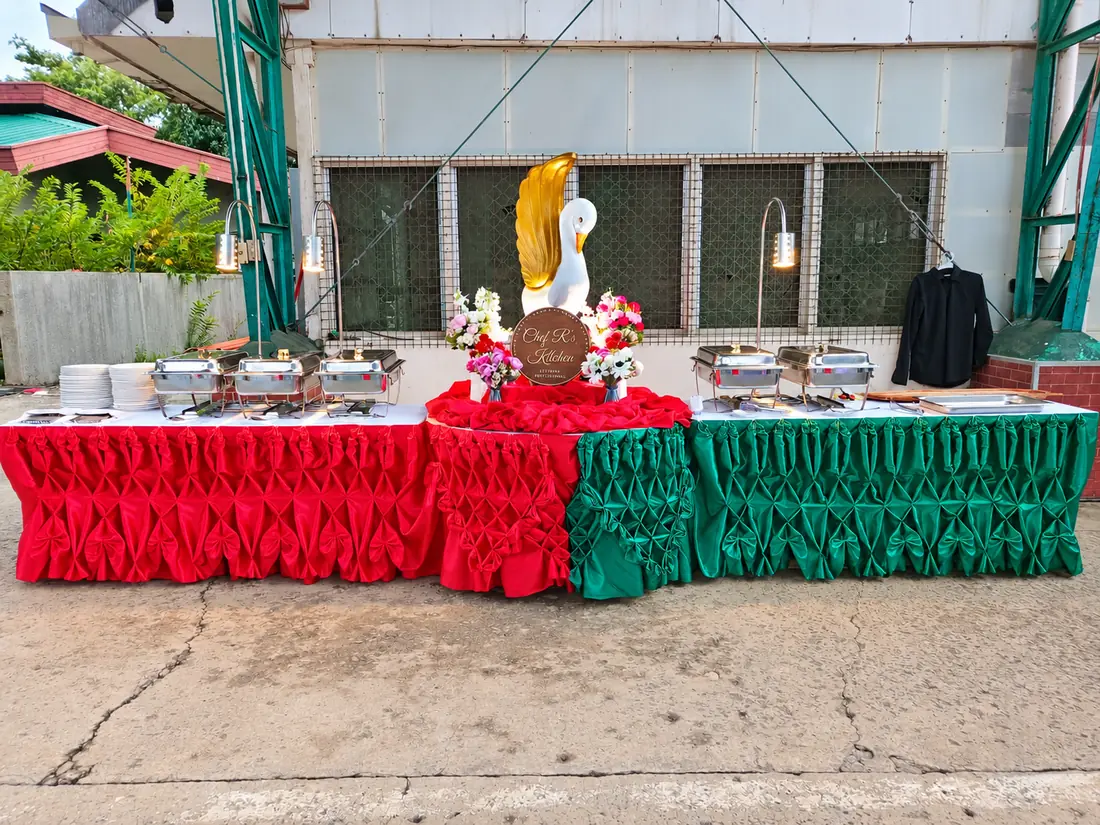 Chef R's Kitchen red catering buffet setup