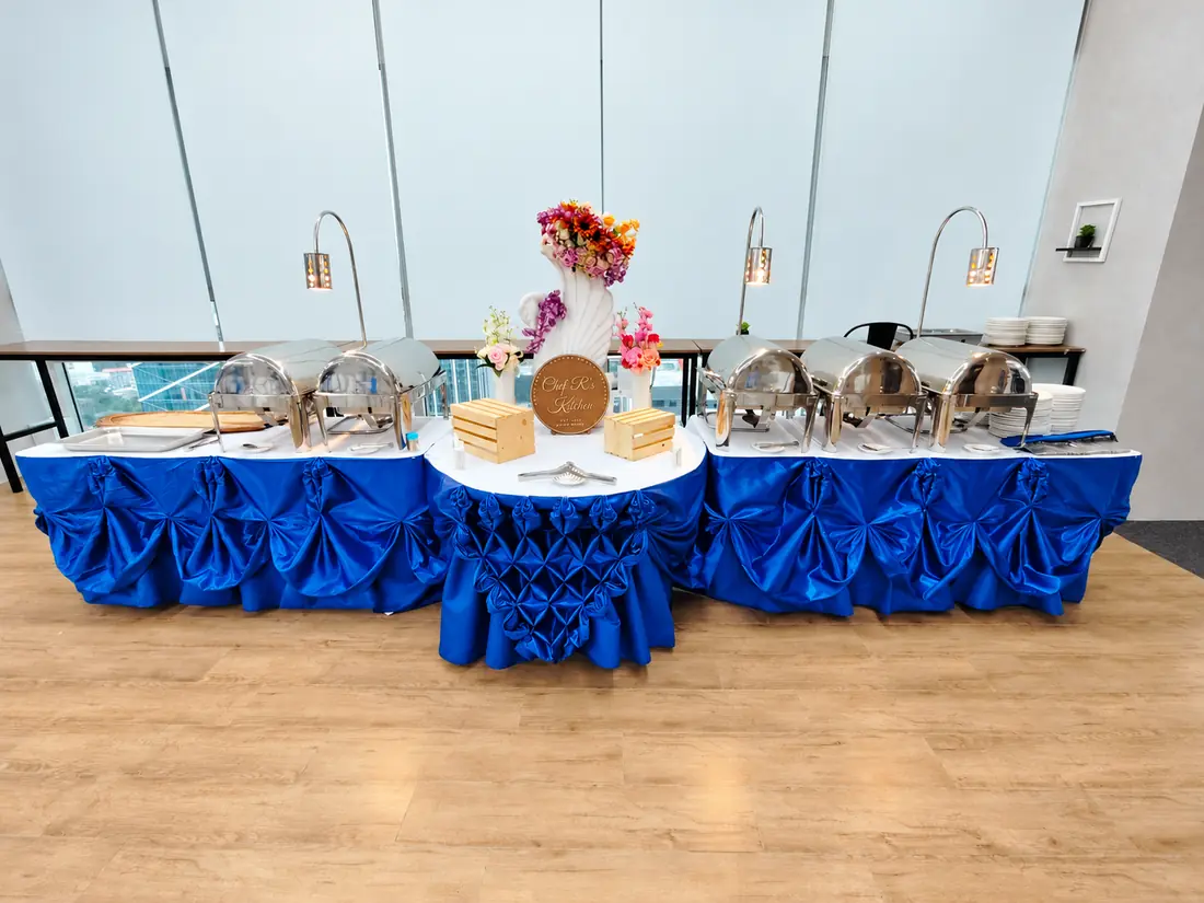 Chef R's Kitchen royal blue catering buffet setup