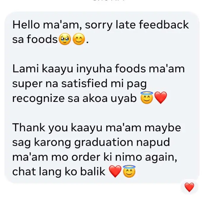 Customer feedback saying the food was very satisfying and they plan to order again